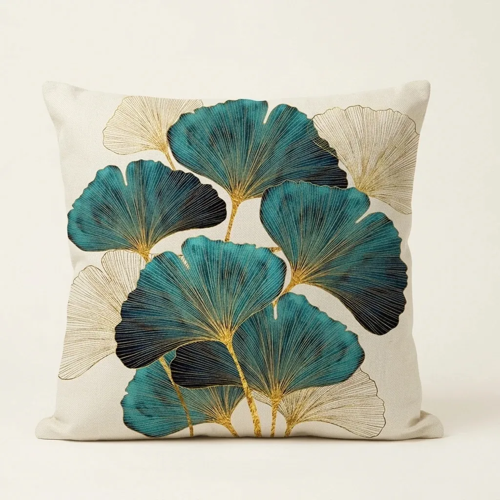[GNKO-CUSH-BEIGE-45x45cm] Linen-Look Cushion Cover – Ginkgo Leaf Print (Beige)